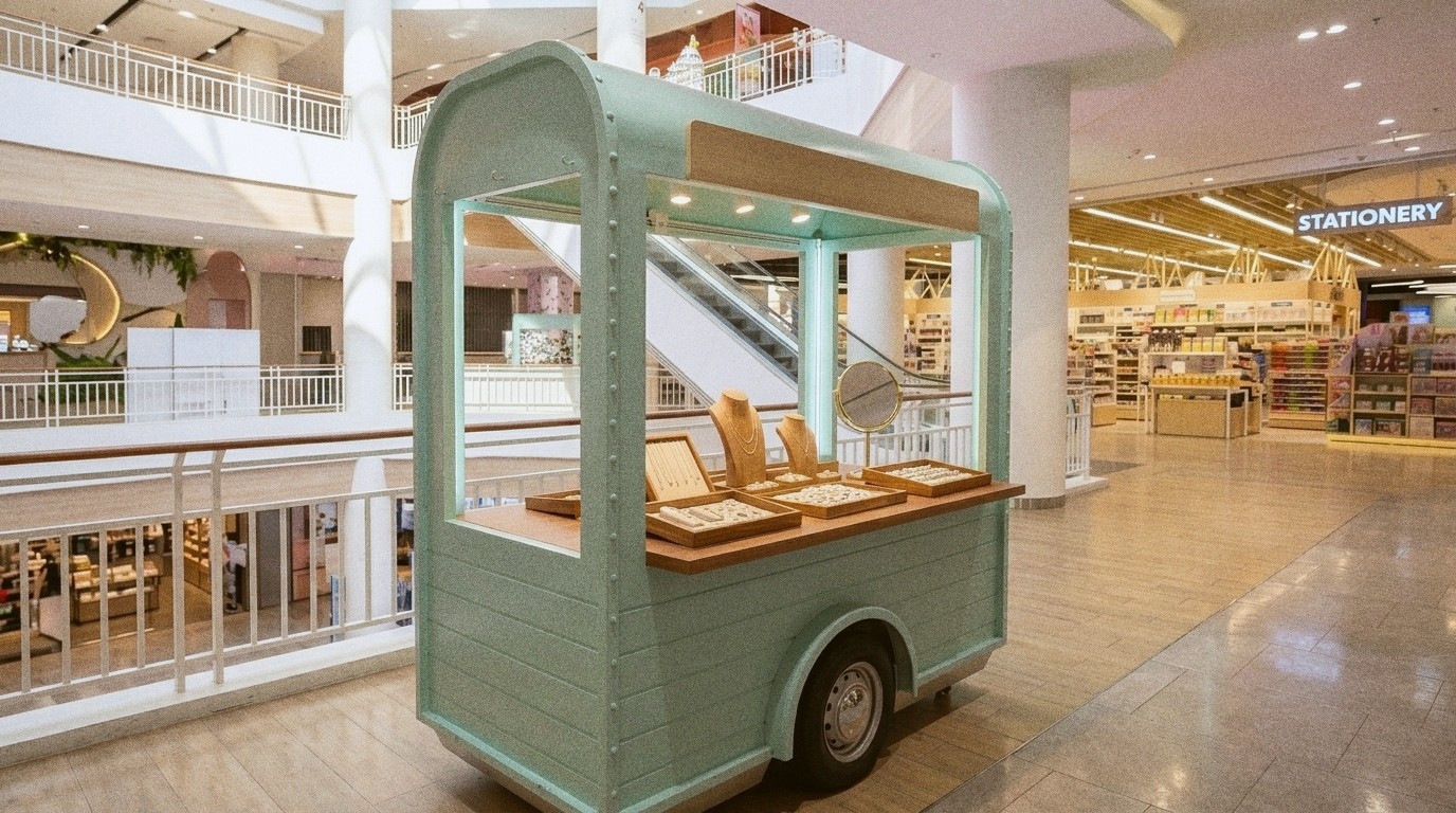 The 88 Silver cart on Level 3 at Central Ramindra — a mint-green jewellery cart with open trays of sterling silver under warm mall light